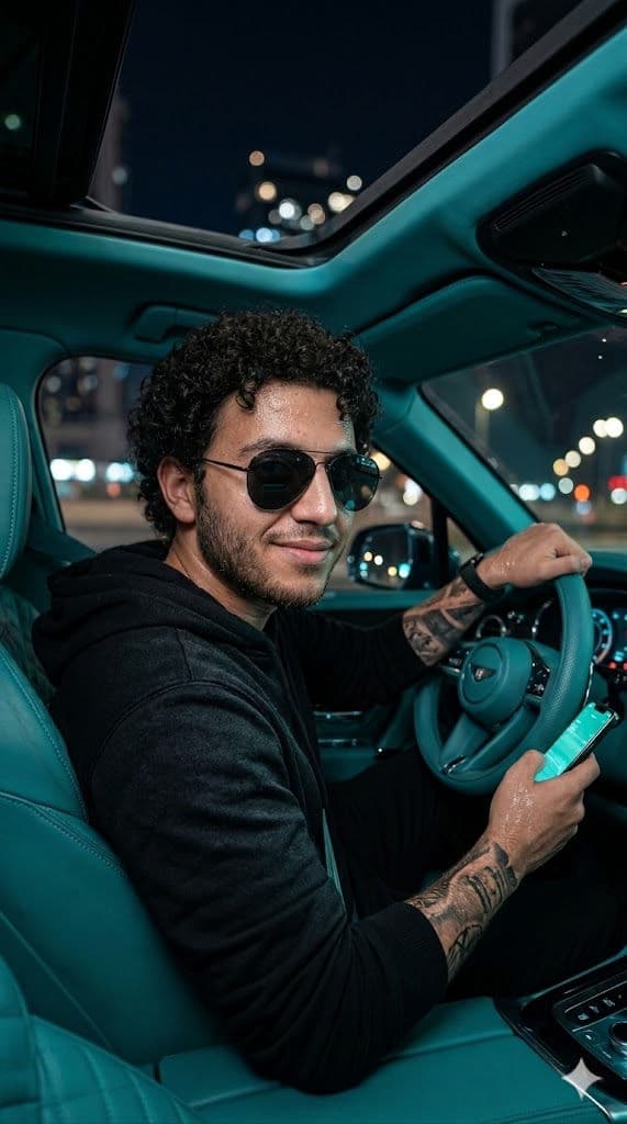 Hyper-Realistic Close-Up Portrait of a Young Man in Sunglasses Driving a Luxury Teal Interior Car – 24mm Cinematic Night Shot — Portrait AI art prompt example for Gemini and Stable Diffusion