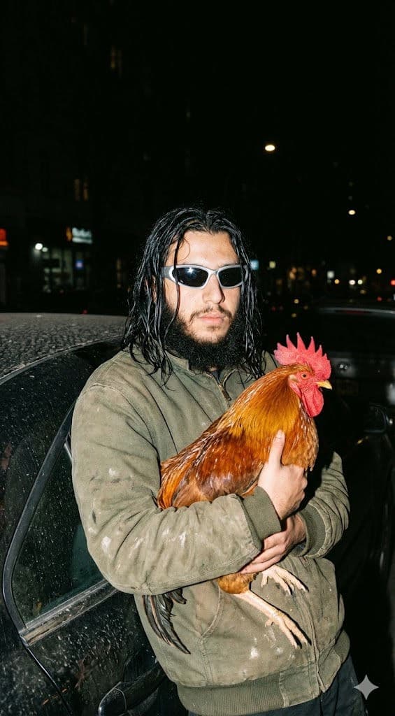 Cinematic Grit Portrait Prompt – Bearded Man with Rooster, Night Flash Aesthetic — Portrait AI art prompt example for Gemini and Stable Diffusion