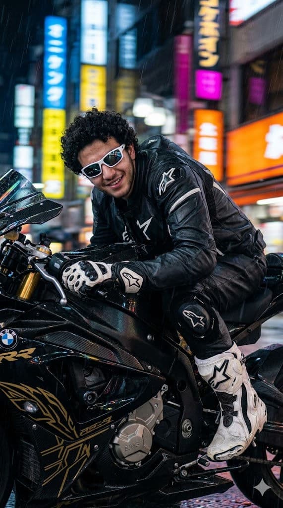 Cyberpunk Night Motorcycle Racing Photo with Neon Motion Blur 🏍️🌃 — Portrait AI art prompt example for Gemini and Stable Diffusion