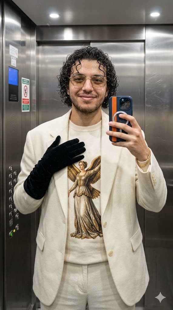 Hyper-Realistic Elevator Mirror Portrait — Luxury Cream Suit, Renaissance Graphic Knit & Cinematic Skin Detail — Portrait AI art prompt example for Gemini and Stable Diffusion