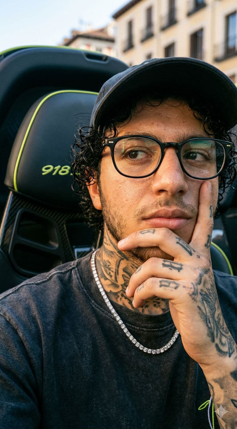 Urban Carbon Identity — Hyperrealistic Portrait in Porsche 918 Spyder — Portrait AI art prompt example for Midjourney and Stable Diffusion