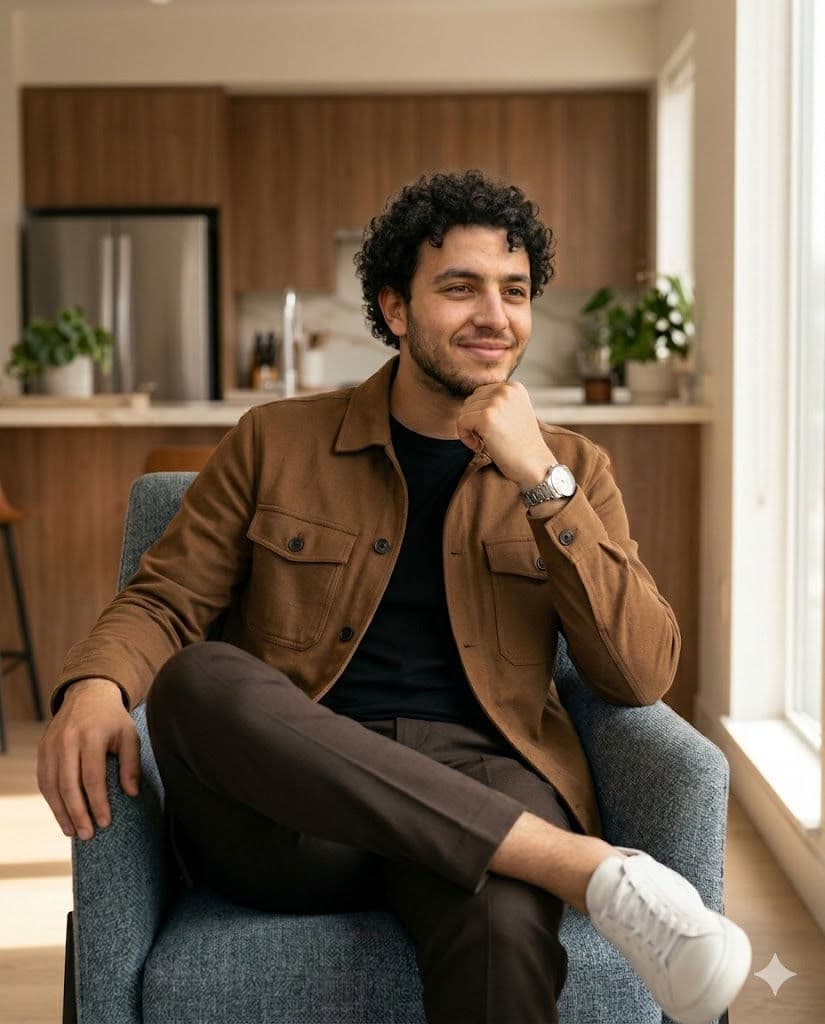 Modern Lifestyle Male Portrait in Luxury Home Interior – Natural Light Editorial Photography (4:5) – Free Prompt — Portrait AI art prompt example for Gemini and Stable Diffusion