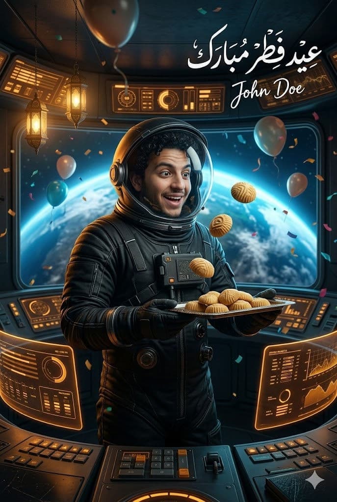 Ultra-Realistic Eid in Space Scene – Astronaut Holding Maamoul Tray with Earth View AI Poster Prompt — Portrait AI art prompt example for Gemini and Stable Diffusion