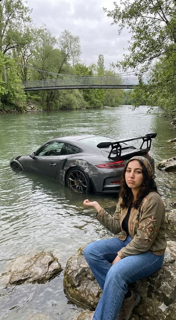 🌊 Totaled GT3 RS in a River?! Free AI Prompt — Portrait AI art prompt example for Gemini and Stable Diffusion