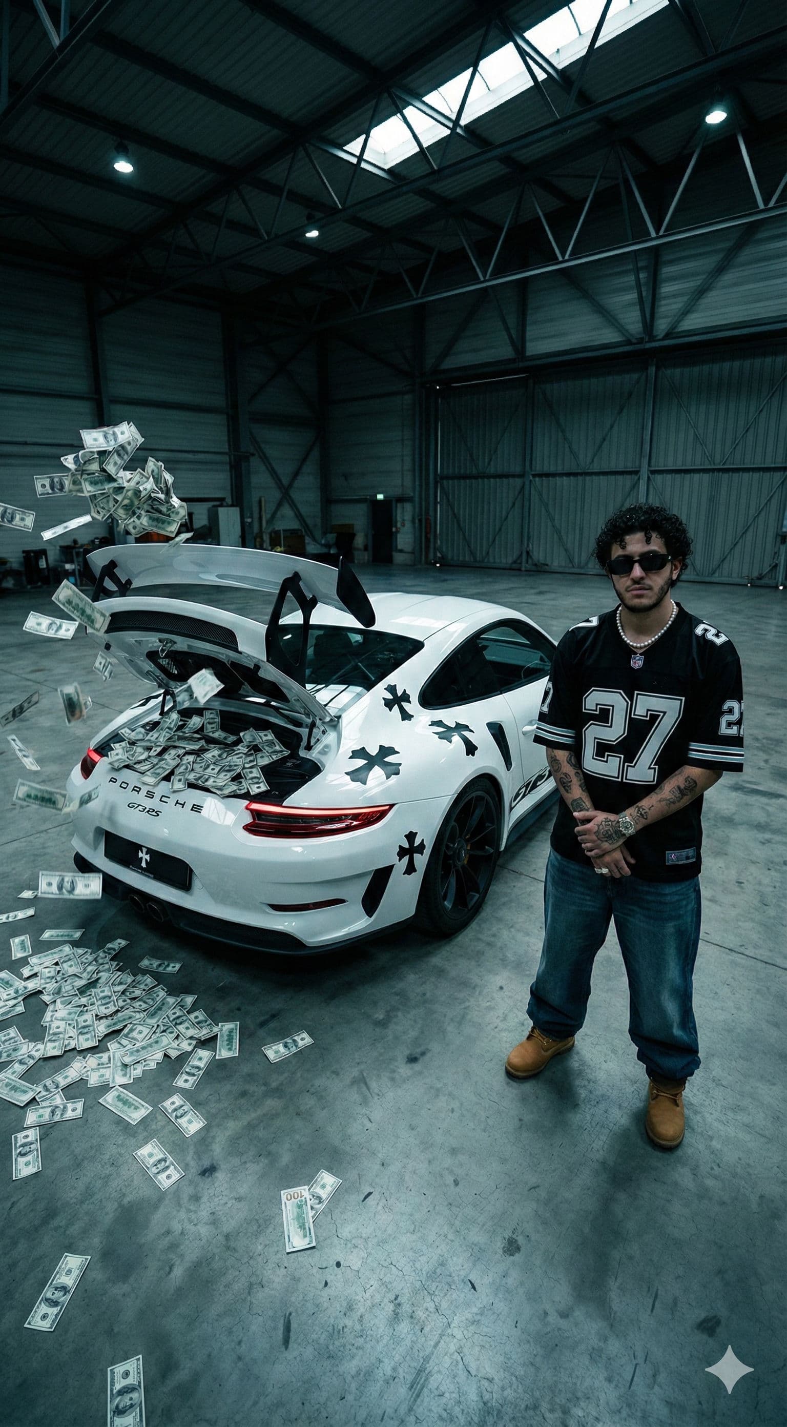πΈ Porsche GT3 RS & Money Rain: Free AI Prompt β Portrait AI art prompt example for Midjourney and Stable Diffusion